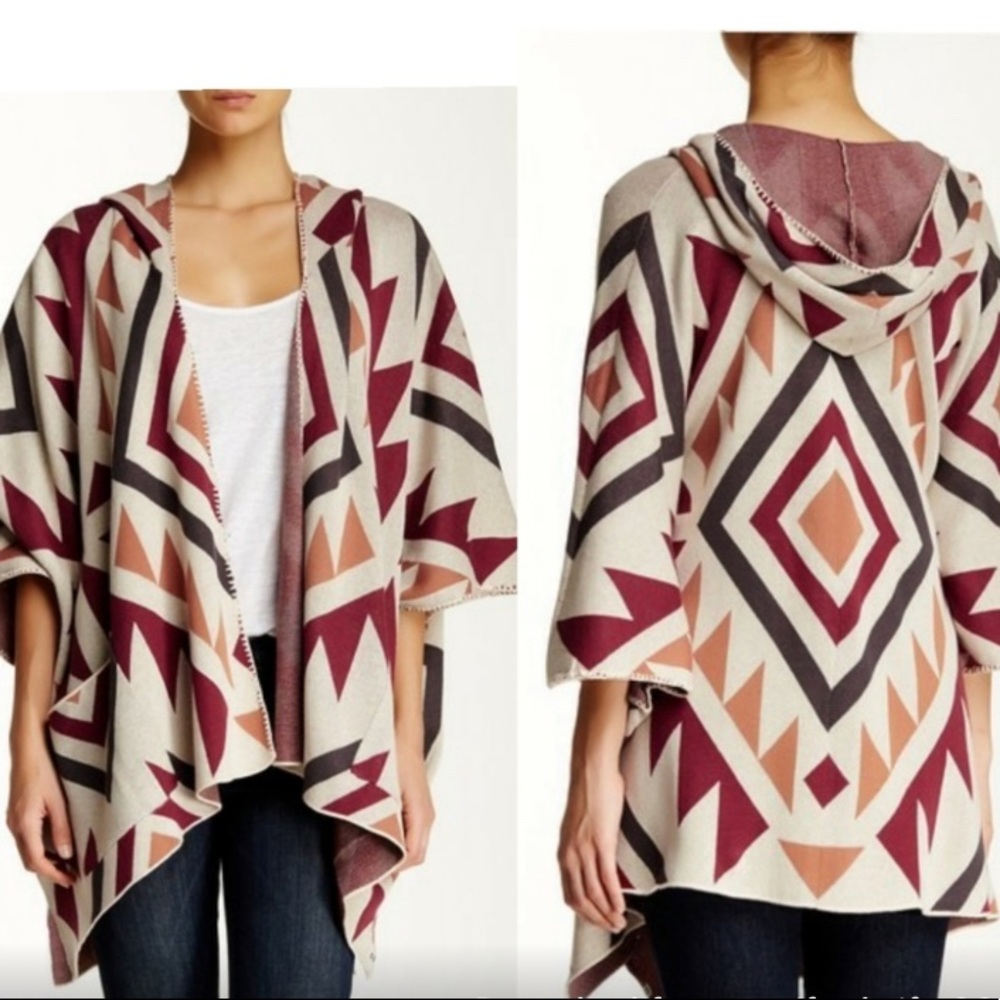 Billabong Aztec Print Hooded Open-front Sweater Poncho
